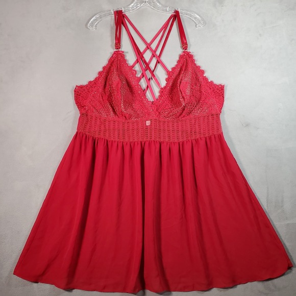 Cacique Y2K Babydoll Cami 26/28 Red Lace Bodice Strappy Chemise Vamp Coquette - Picture 1 of 7